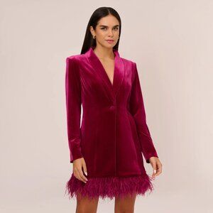 Long Sleeve Velvet Tuxedo Dress With Feather Hem In Magenta 10